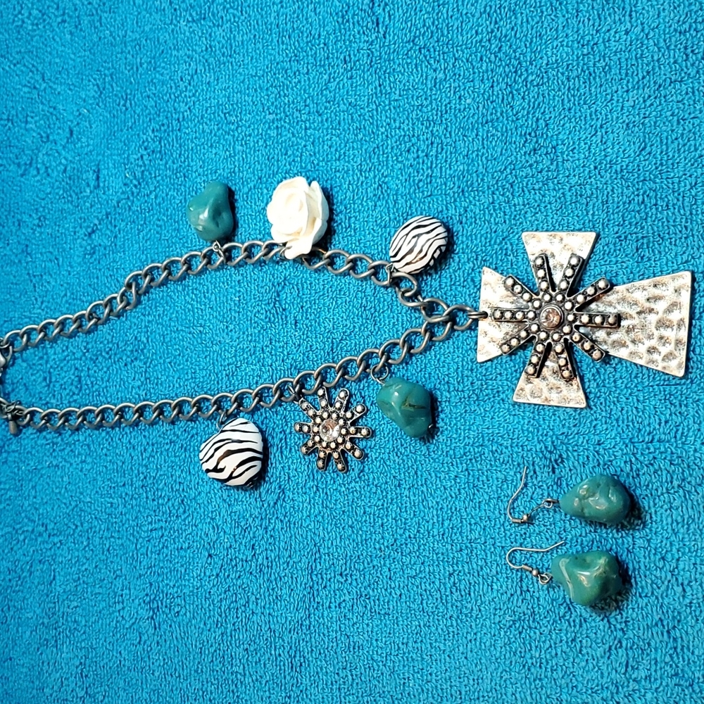 Western Style Cross Necklace and Earrings Set, Turquoise,  Zebra, Flower - Picture 4 of 10